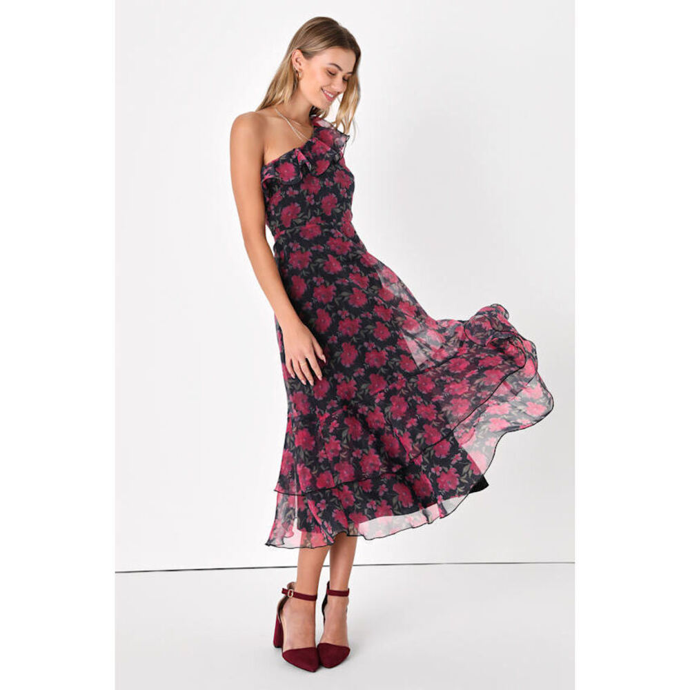 Lulus Sweet Romantic Black Floral Print Organza One-shoulder Dress - Size XL